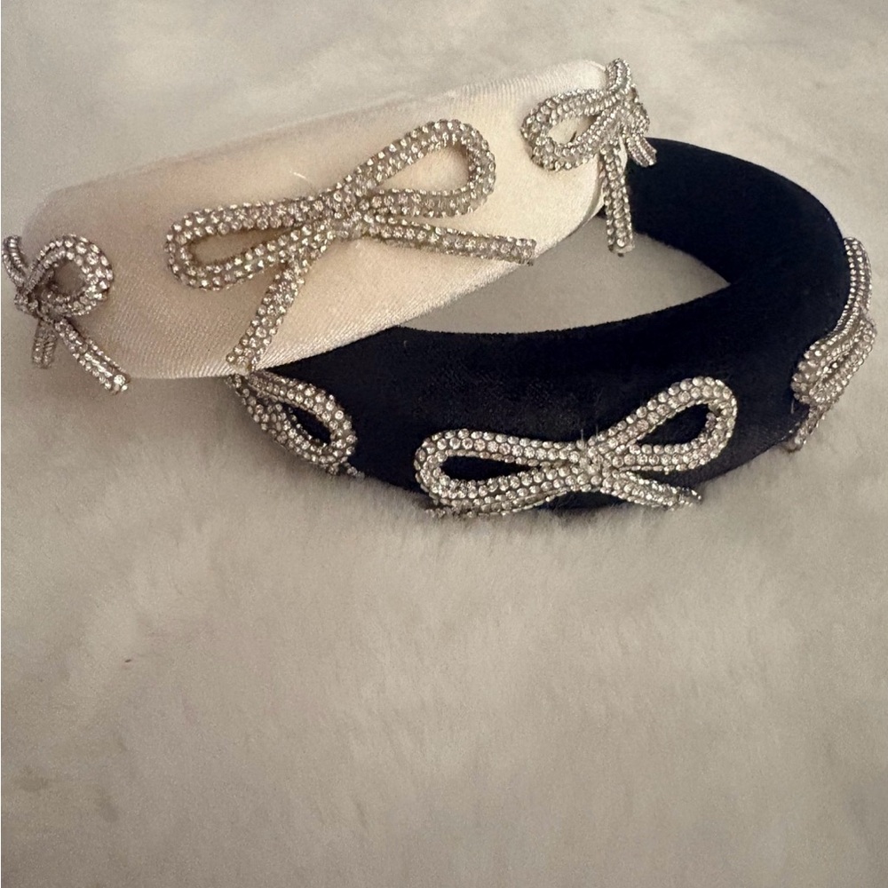 Rhinestone Bow Padded Headband - Black and Ivory Bundled pair